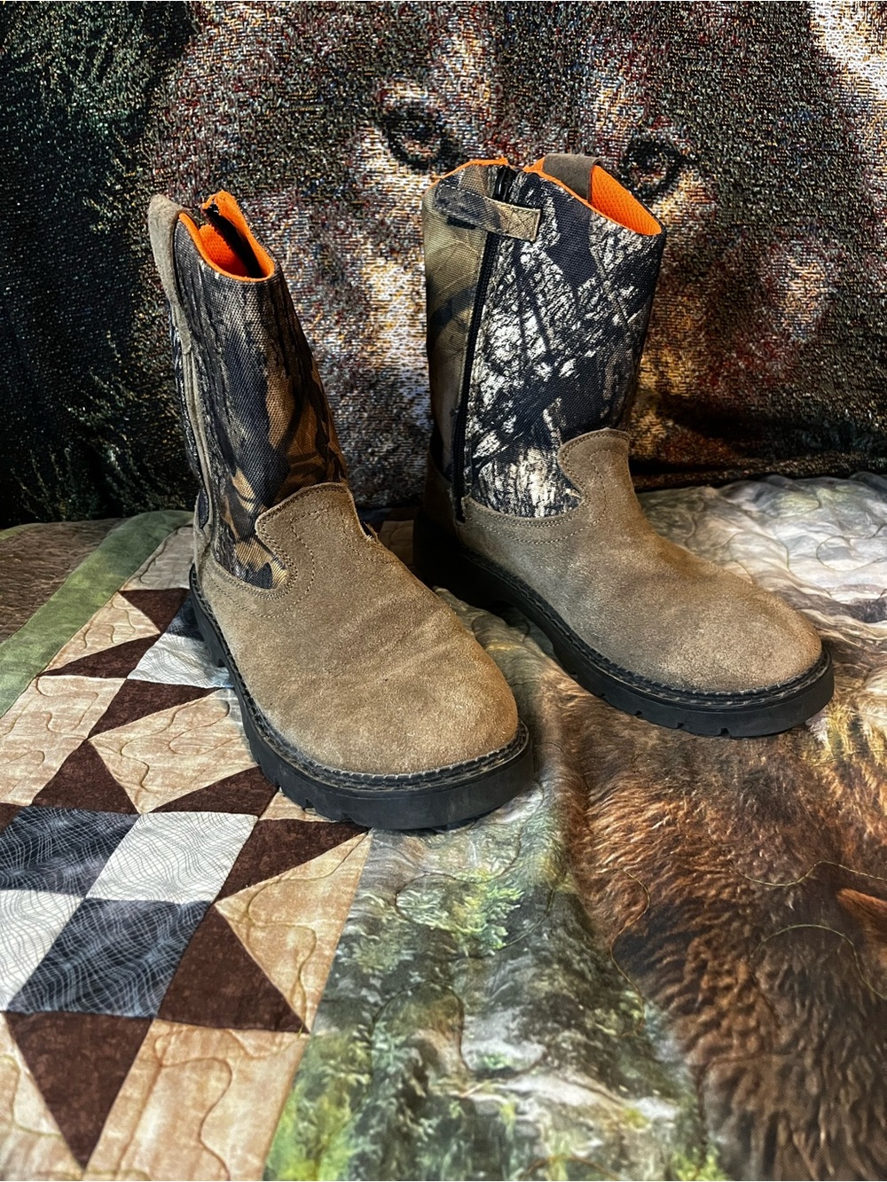 Ariat Kids Camo Shaft Brown Suede Pull-On Boots with Orange Lining